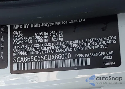 2016 Rolls-Royce Wraith from USA, damaged, VIN SCA665C55GUX86000
